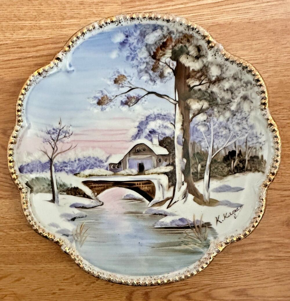 Ucagco Hand Painted Ceramic Plates Set of 2 Landscape Scalloped Gold Trim